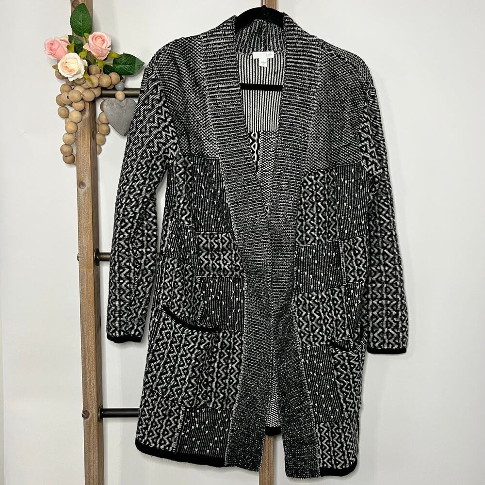 J Jill Black White Open Long‎ Sleeve Cardigan Size Small
